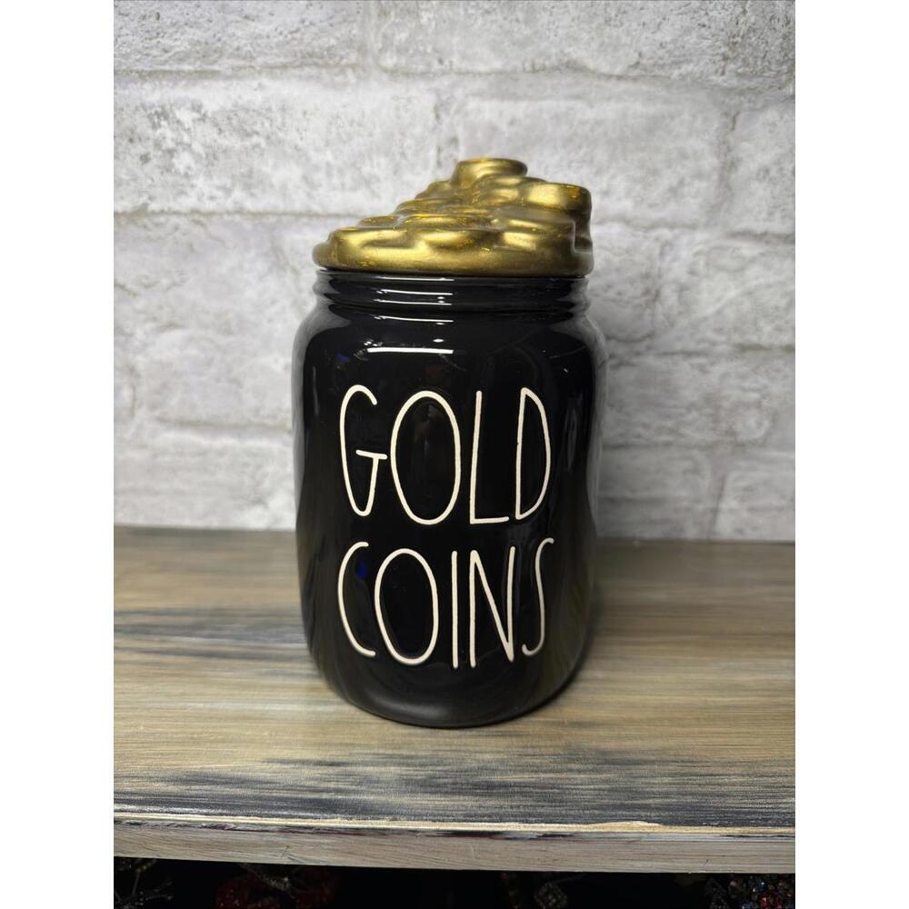 Rae Dunn Ceramic Gold Coins Jar with Decorative Lid